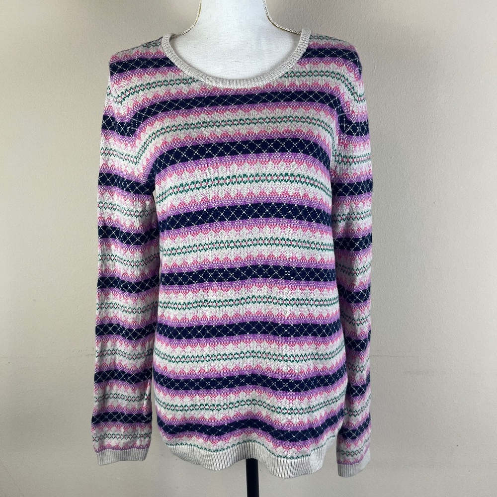 Talbots Women Sweater Sz M Striped Boho Zipper Long Sleeve Purple White